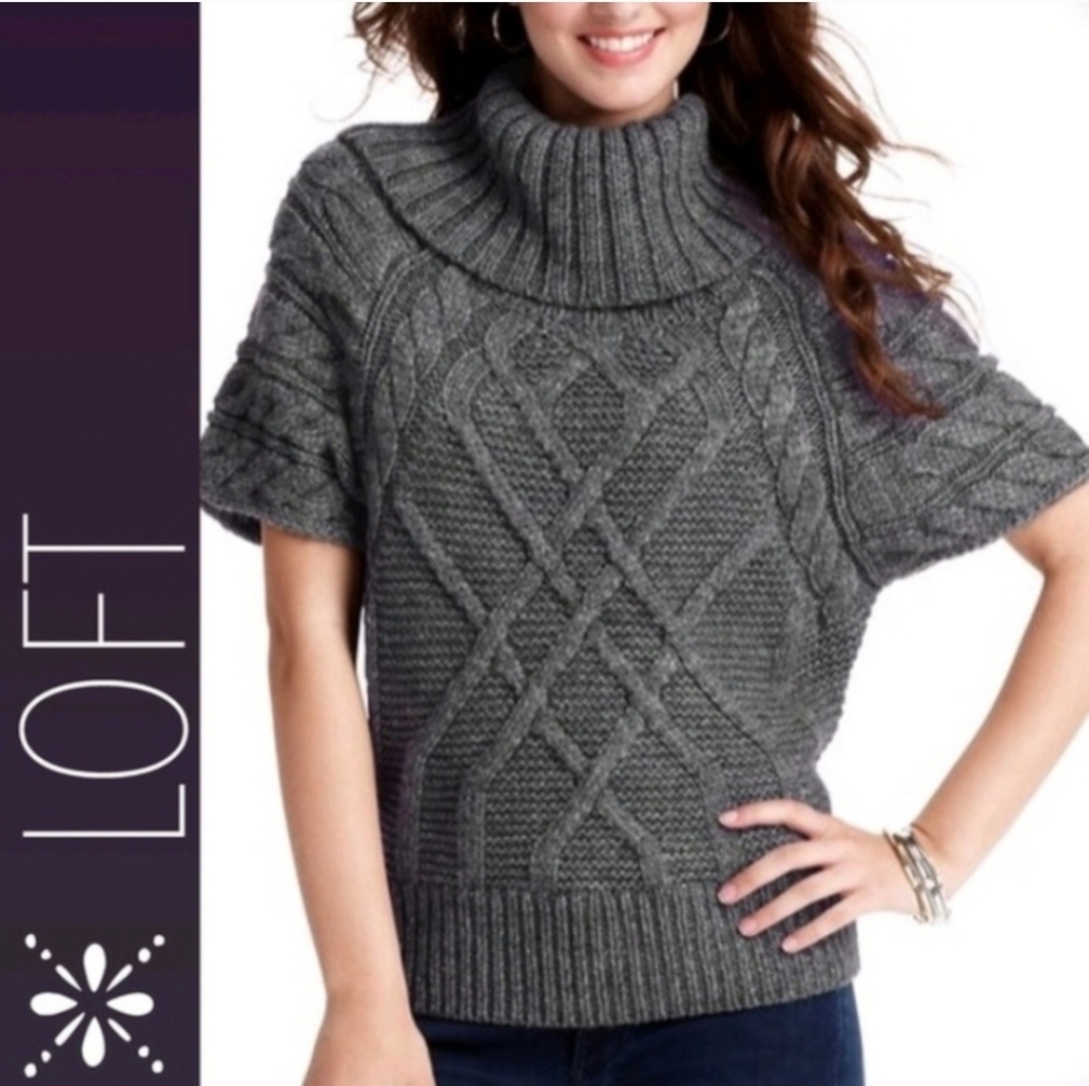 LOFT Wool Turtleneck Sweater Women Gray XL Short Sleeve Chunky Cable Knit